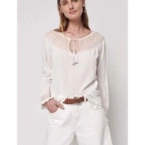 Faherty Size S Laura Embroidered Organic Cotton Peasant Top White NWT